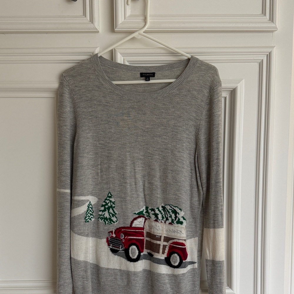 Talbots Gray Sweater with Red and Green Design